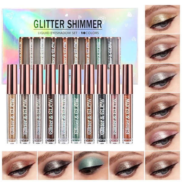LANGMANNI 10 Pcs Liquid Glitter Eyeshadow Metallic Shimmer Glitter Eyeshadow Sweatproof Makeup Set, Matte Glitter Pressed All Highly Pigmented Blending Powder,Perfect For Every Woman & Girl (10pcs)