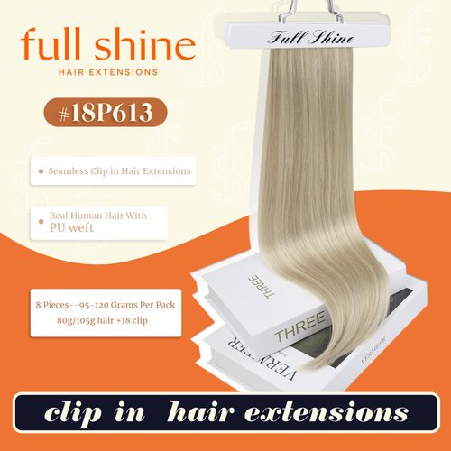 Full Shine Clip in Hair Extensions Ash Blonde Highlight Bleach Blonde Seamless Clip in Human Hair Extensions 8 Pcs Ash Blonde Real Hair Extensions for Women Clip in 120 Grams 16 Inch