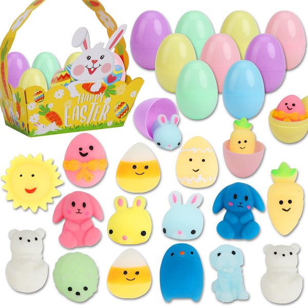 Easter Basket Stuffer Mochi Fidget Toys, 15 Set of Easter Eggs with Mochi Squishy Toys Inside Tiny Kawaii Squeeze Toy for Easter Party Favors Easter Gifts for Kids Classroom Rewards School Prize