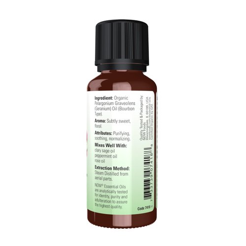 NOW Essential Oils, Geranium Oil, Certified Organic, Soothing Aromatherapy Scent, Steam Distilled, 100% Pure, Child Resistant Cap, 1-Ounce