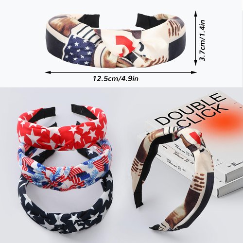 JUNEBRUSHS 4Pcs American Flag Headbands for Women, Patriotic Independence Day July 4th Hairband, Red White Blue Bow Wide Headband Yoga Hair Band Hair Hoops