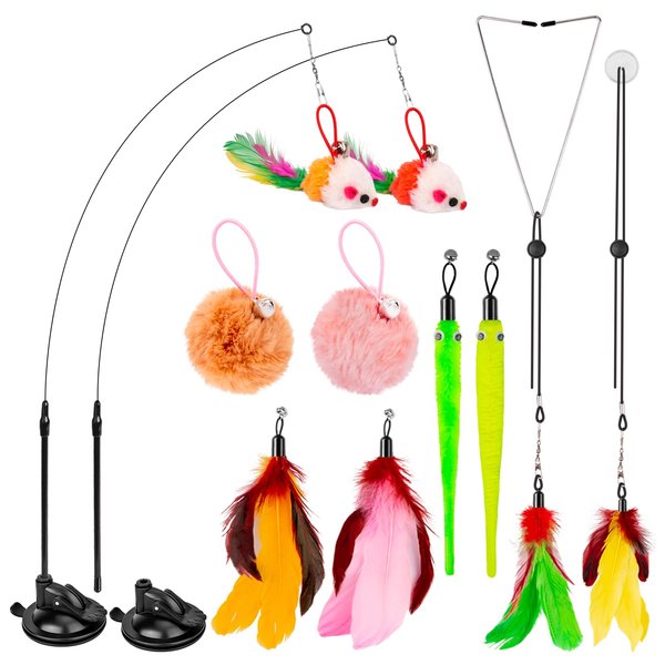HOSFROLL Cat Toys, 2 Pack 3 in 1 Interactive Cat Toy for Indoor Cats with Sticky Super Suction Cup Detachable 10 Pcs Replacements Feathers Balls Mice 2 Wand Hanging Door Kitten Toys