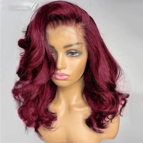 Exalelr 250% Density Bob Wig Human Hair 13x4 99j burgundy lace front wigs human hair pre plucked body wave HD lace front wigs human hair Glueless Short Bob Wigs human hair for black women (10 inch)