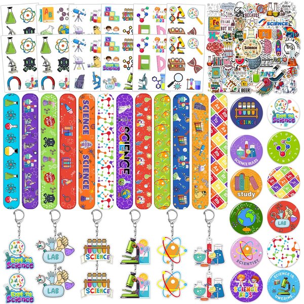 YYMYMGJ 98PCS Science Party Favors Scientist Party Supplies with Science Slap Bracelets Science Stickers Science Badge Scientist Keychains Science Temporary Tattoos for Science Lab Party
