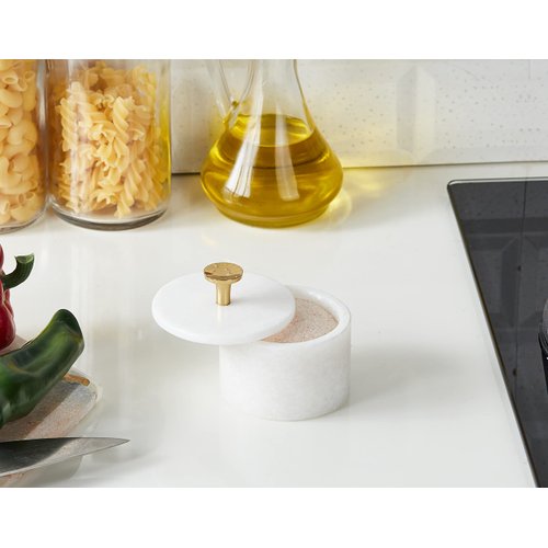 Queenza Salt Cellar with Lid & Brass Knob - 3 Inch White Makrana Marble Salt Bowl, Salt Dish for Kitchen and Dining - Multipurpose Small Box with Lid