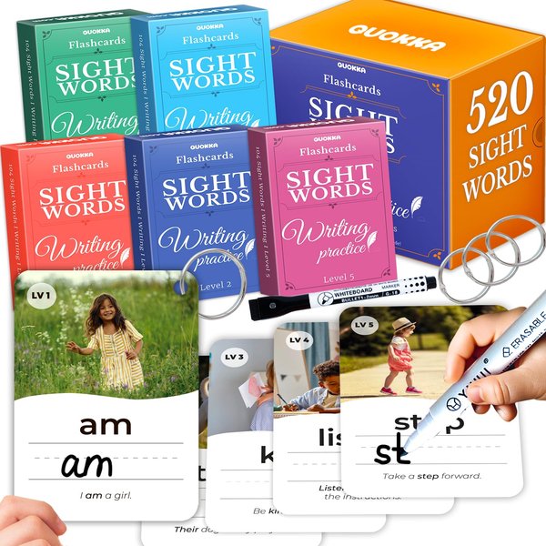 QUOKKA 520 Sight Words Flash Cards for Kids Adults - from Pre-K to 3rd Grade | 5 Levels, Bold Font, Jumbo Size, Dry Erase Reusable Cards with Realistic Images & Rings | Based on Dolch & Fry Word Lists