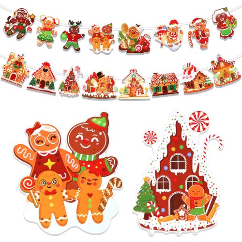 HOWAF 2 Pcs Christmas Gingerbread Man Hanging Banner, Gingerbread Christmas Double-Sided Hanging Decorations Candy House Christmas Party Decora Hanging Bunting Garland for Xmas Holiday Party Supplies