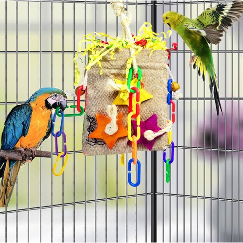 Hyamass Bird Chewing Toys, Foraging Shredder Bag Bird Toys, with Chain Link Wood Block of Chewable Toys for Small Medium Parrot Parakeet Conure Cockatiel Lovebird Budgie Finch