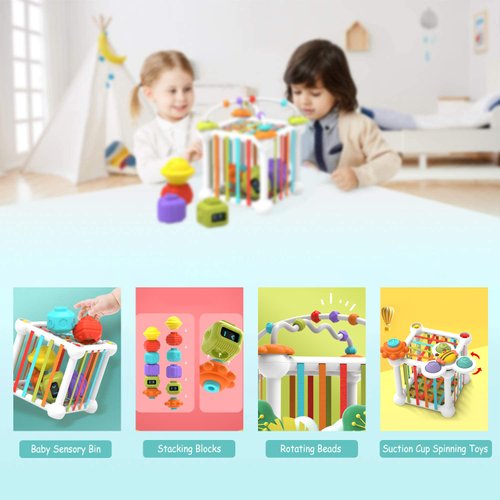 Montessori Toys for 1 2 Year Old Boy Girl, Baby Sensory Bin Shape Sorter Toys Colorful Cube, with 3 Suction Cup Spinning Top Toys and Bead Maze, Early Learning Toys for Toddlers Age 1-3 (12PCS)