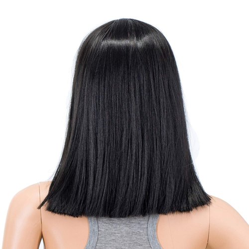 SWACC 14 Inches Short Straight Medium Shoulder Length Wig with Blunt Cut Bangs and Bottom End Synthetic Heat Resistant Hair Wigs for Women with Wig Cap (Dark Lavender Purple)