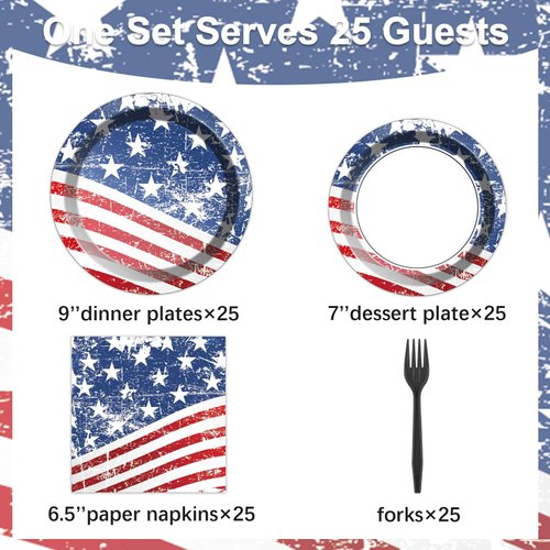 Qyeahkj 100 Pcs 4th of July Party Plates and Napkins Tableware Set American Flag Birthday party Dinnerware Supplies Patriotic Favors Independence Day Decorations for Girls Boys Kids Serve 25