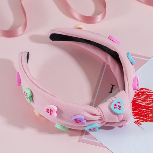 Valentine's Day Heart Candy Embellished Pink Headband Conversation HUG ME Heart Charm Knotted Headband Non Slip Wide Top Knot Fashion Hairband Hair Accessories Party Gift for Women (HUG ME-pink)