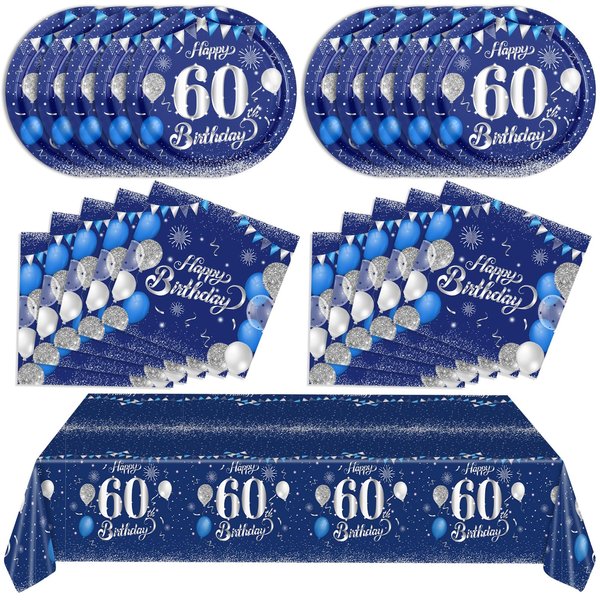 Blue 60th Birthday Decorations for Men Navy Blue Silver Happy 60th Birthday Tableware Set Include Happy 60th Birthday Plates Napkins Tablecloth for 60th Birthday Anniversary Party Decorations Supplies