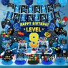 Video Game 9th Birthday Party Decorations Blue Black Happy Birthday Level 9 Banner Backdrop Honeycomb Centerpieces Hanging Swirls Tissue Paper Pompoms Kit for Boy 9 Years Old Game Controller Supplies