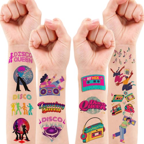 8 Sheets (96PCS) Disco Temporary Tattoos Birthday Party Decorations Supplies Tattoos Stickers Cute Party Favors Kids Girls Boys Gifts Classroom School Prizes Themed