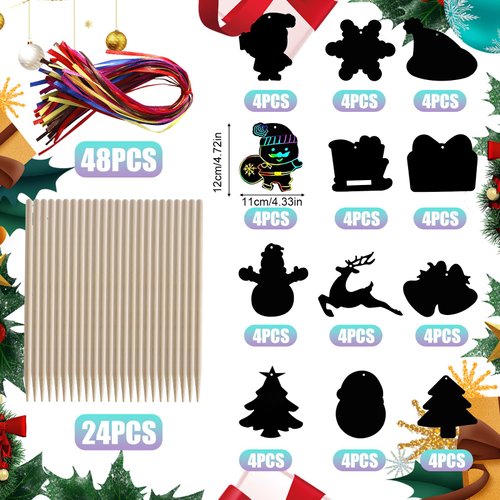 PEUTIER 48pcs Christmas Scratch Paper, Rainbow Color Scratch Paper Magic Scratch Cards Elk Bells Snowflakes Scratch Paper for Christmas Party Games Birthday Decoration