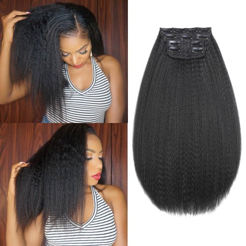 12 Inch Kinky Straight Clip ins Hair Extensions for Black Women Full Head Yaki Straight Seamless Clip ins Synthetic Hair Pieces 4 Pieces with 11 clips