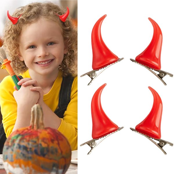 WLYIIC 4Pcs Halloween Devil Horn Hair Clips Red Devil Horn Hair Clips for Women Girls Halloween Vampire Costume Cosplay Hair Decoration Accessories (Red)