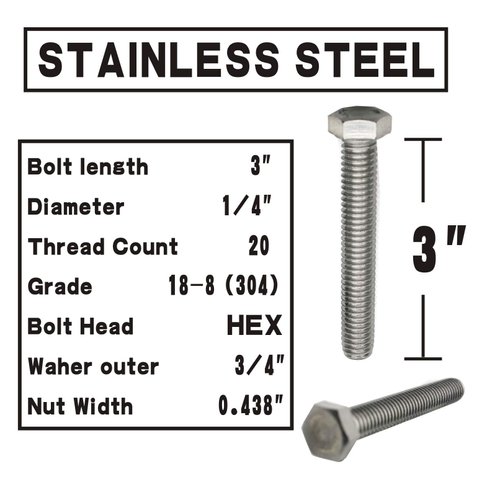 (10 Sets) 1/4-20x3" Stainless Steel Hex Head Screws Bolts, Nuts, Flat & Lock Washers, 18-8 (304) S/S, Fully Threaded by Bolt Fullerkreg