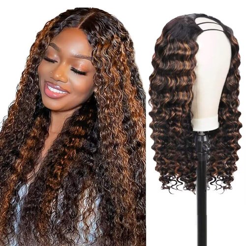 Lucasar FB30 Deep Wave U Part Human Hair Wigs for Black Women 180% Density Glueless U Shape Half Wig 180% Density Wig No Leave Out Lace Glueless Deep Curly Upgrade U Part Wigs (16 inch, FB30)