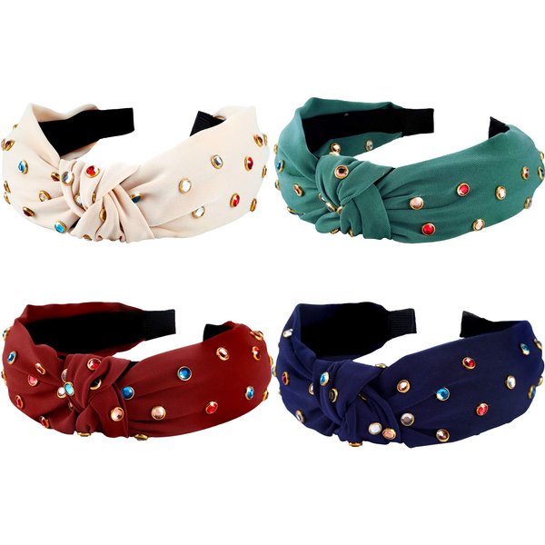 4 Pcs Rhinestone Headband for Women Girls Embellished Twist Knot Wide Hair Hoop Hair Band Hair Decoration
