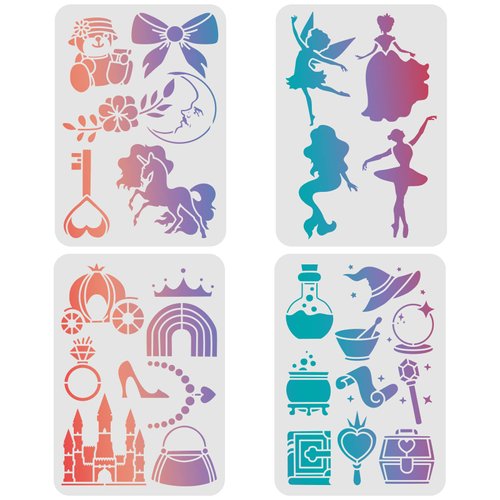 FINGERINSPIRE 4 Pcs Fantasy Stencils Template 11.7x8.3" Single Horn Horse Castles Drawing Painting Magic Princess Flower Reusable Stencils for Wood, Floor, Wall and Tile
