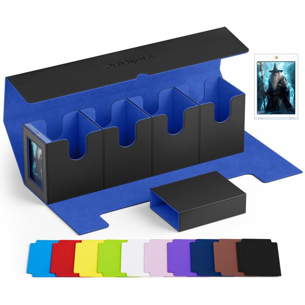 Proijeut Card Deck Box with Commander Display, 5 in 1 Card Deck Case with Dice Tray Fit 800+ Unsleeved Cards, Commander Deck Box with 35pt Magnetic Card Holder and 10 Colorful Dividers (Black&Blue)
