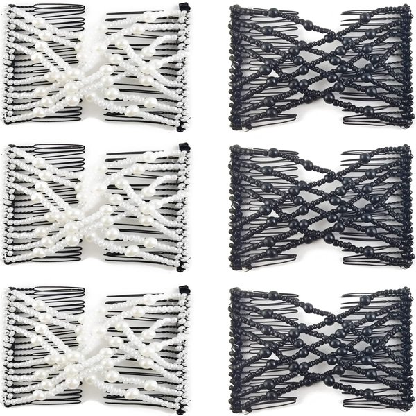 NSBELL 6PCS Beads Hair Combs Magic Elastic Hair Clips Stretchy Hair Comb Double Clips for Women Girls Hair Accessory