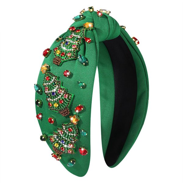 HZEYN Christmas Headbands for Women Beaded Christmas Tree Headband Jeweled Crystal Embellished Knotted Headband Xmas Holiday Hair Accessories (Green-Beaded Christmas Tree)