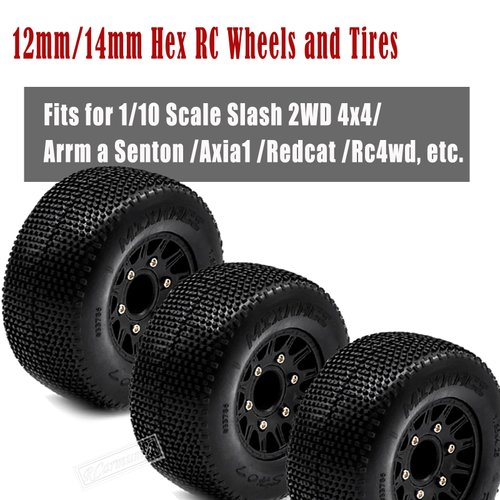 Rcarmumb 4pcs Rc Truck Tires,12mm/14mm Hex RC Wheels and Tires for 1/10 Slash 2WD 4×4 4wd,Arrm1a Senton Axia1 Redcat Rc4wd Hex Detachable Replacement Snow Tires Desert Tires,Black