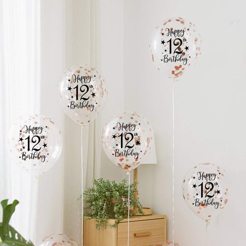Rose Gold 12th Confetti Latex Balloons, Girls Happy 12 Years Birthday Party Balloon Decoration With Confetti, 12in, 16 Pack