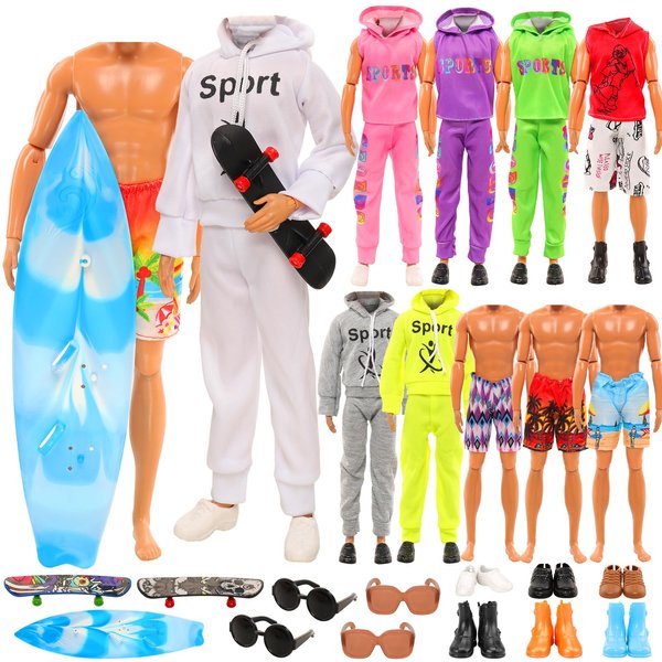 Miunana 12 Inch Boy Doll Sport Suits 15 PCS Male Doll Clothes and Accessories Skateboard Boy Doll Outfits Shoes and Sunglasses Man Doll Swimming Trunks Fashion Boy Doll Sport Kits