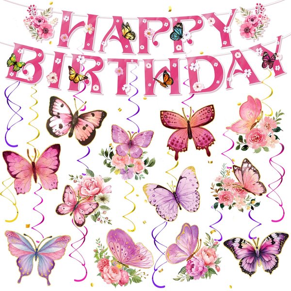 Butterfly Birthday Party Decorations Butterfly Birthday Banner Hanging Swirl for Girl Kids Spring Summer Birthday Baby Shower Wedding Party Supplies