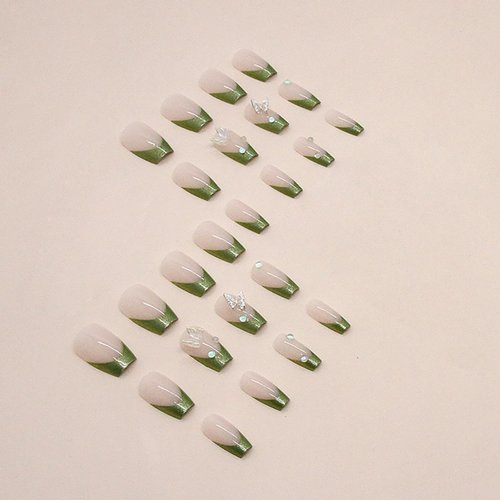 French Tip Press on Nails Medium Length Ballet Shaped Fake Nails 3D Rhinestones Butterfly Design Full Cover Artifical Acrylic Nails Green French False Nails Glue On Nails for Women Stick on Nails Set