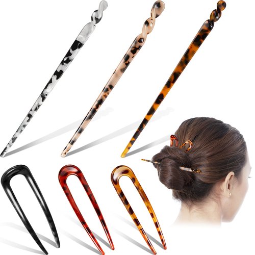 6 Pieces Hair Chopsticks for Women Acetate Hair Sticks Include Tortoise Acetate Hair Stick Leopard Hairpins U-shaped Hair Pin Vintage Hair Fork Hair Accessories for Women Girl Long Hair Styling
