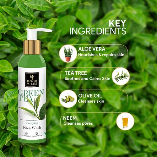 Good Vibes Green Tea Face Wash | Anti Acne Deep Cleansing Antioxidants Rich Facial Cleanser For All Skin Types | Natural, No Parabens & Mineral Oil (120 ml/4.06 Fl Oz)