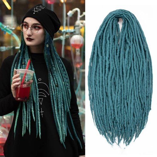 Wool Dreadlock Extensions 22 Inches Green Dreads Extensions DE Ends 15 Strands Handmade Dreadlock crochet hair braids Hippie Straight Double Ended Dreads Goddess Locs Crochet Hair Extensions for