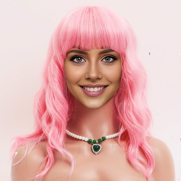 Retoleca Pink Curly Wavy Bob Wig with Bangs Short Bob Wigs for Women Shoulder Length Glueless Synthetic Wigs(14inch,Pink)