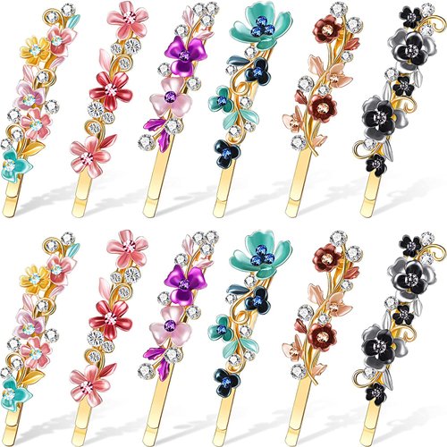 12 Pieces Vintage Flower Hair Pins Women Barrette Bobby Pins Decorative Metal Gold Tone Hairpins Colorful Floral Design Hair Clips French Rhinestone Hair Decorative Accessories for Women Girls
