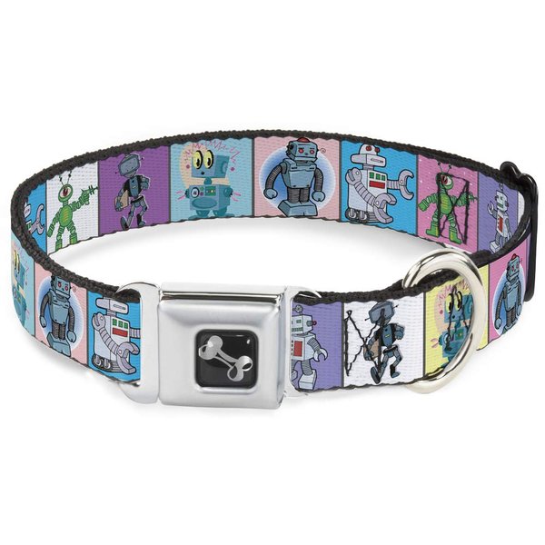 Dog Collar Seatbelt Buckle Robots Pastel Blocks 9 to 15 Inches 1.0 Inch Wide