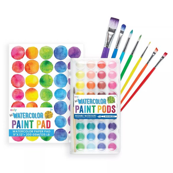 OOLY, Lil' Pods Watercolor Bundle Including Extra Brushes and Watercolor Pad, 36 Washable Paints Colors