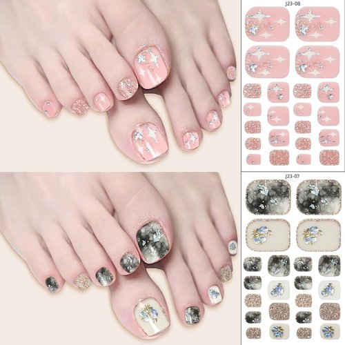 8 Sheets Toe Nail Wraps Semi Cured Gel Toenail Strips Decals Stick on Nail Polish Strips Supplies Glitter Toe Nail Stickers Self Adhesive Design Nail Strips Full Nail Wraps for Women Girl DIY Manicure
