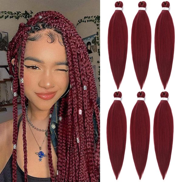 Burgundy Braiding Hair Pre Stretched Wine Red EZ Braiding Hair Yaki Texture 6Pcs/Lot 26 Inches Hot Water Setting Professional Synthetic Braids for Crochet Hair Extensions(#900)