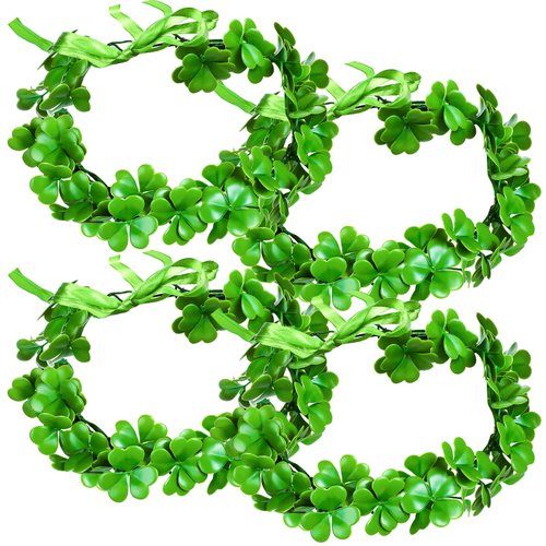 Waydress 4 Pcs St. Patrick's Day Irish Shamrock Headbands 7'' Green Flower Crown with Ribbon Adjustable Flower Headband St. Patrick's Day Accessories Fairy Green Clover Garland for Women Girls