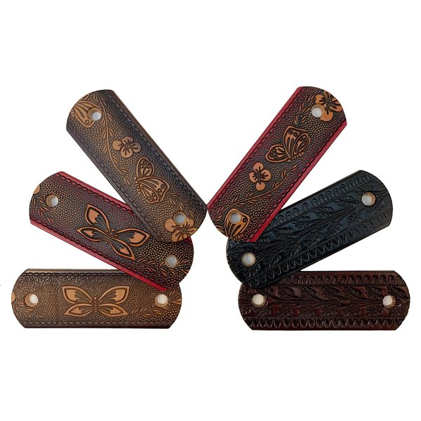 Made in USA - 2 GENUINE THICK LEATHER Floral Hair Barrettes with Sticks, Ponytail Holders, Butterfly, Choice of Colors Brown, Pink