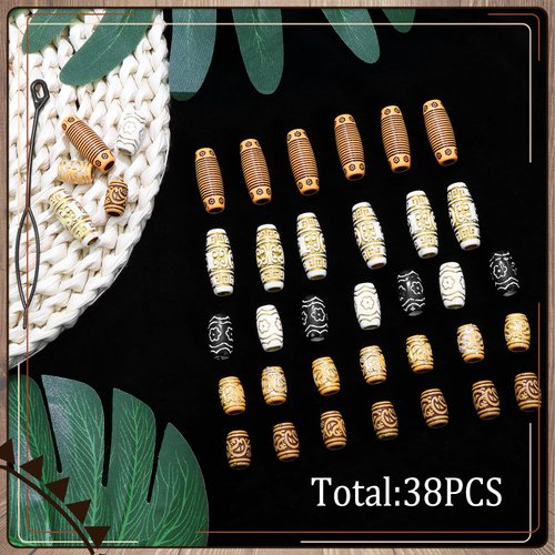 VENOFEN 38PCS Wood Hair Beads for Braids Loc Jewelry Beads for Hair Wooden Beads Dreadlock Accessories Multi Shape Loc Beads Hair Decoration for Women and Men, Style-3