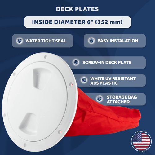 Five Oceans 6" Boat Hatch, Marine Round Inspection Deck Plate Hatch with Detachable Cover and Storage Bag, UV-Resistant ABS White Plastic, for Pontoon, Fishing Boat, Bass Boat, RVs, Caravan - FO4467