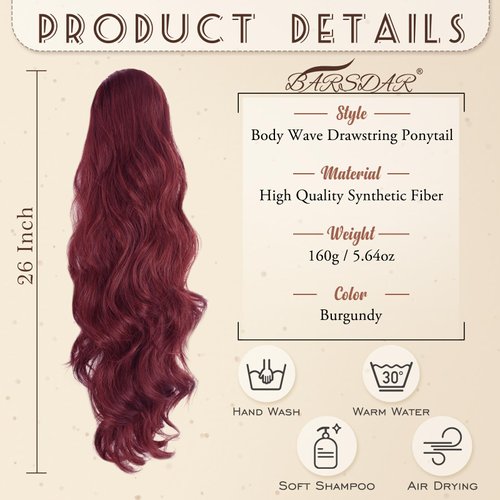 BARSDAR Burgundy Ponytail Extension, 26 In Drawstring Wavy Ponytail Hair Extensions Clip in Ponytails for Women Synthetic Red Pony Tail Hairpieces for Girls Daily Party Halloween (Burgundy)