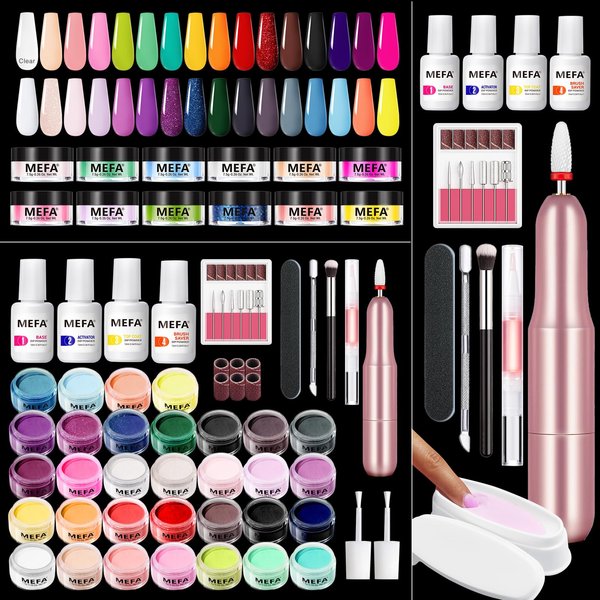MEFA Dip Powder Nail Kit with Portable Electric Nail Drill, Summer Glitter Shimmery Hot Pink Pastel Violet Neon Orange 32 Colors Dipping Powder Liquid Set Bright Shades French Nail Art Manicure Salon