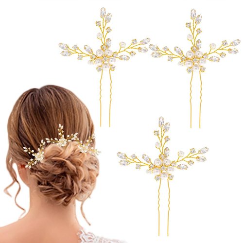 Hermoli 3 Pieces Crystal Bride Wedding Hair Pins Pearl Wedding Hair Clip Rhinestone Bridal Hair Accessories for Women